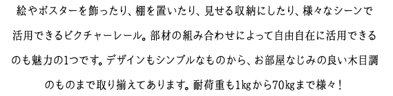 絵やポスターを飾ったり、棚を置いたり、見せる収納にしたり、様々なシーンで活用できるピクチャーレール。部材の組み合わせによって自由自在に活用できるのも魅力の1つです。デザインもシンプルなものから、お部屋なじみの良い木目調のものまで取り揃えてあります。